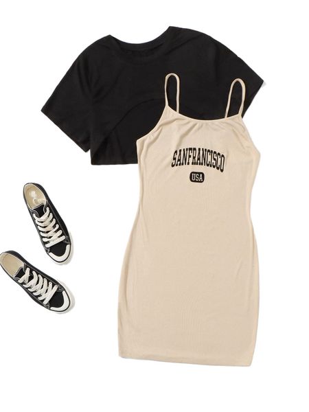 

plus letter graphic cami dress & super crop tee r0l0#, Black