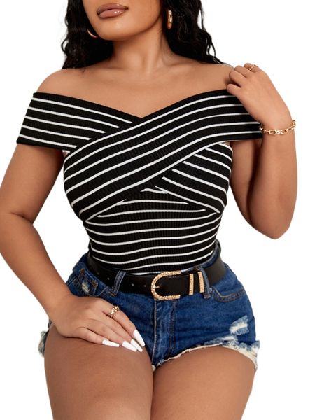

sxy striped off shoulder ribbed knit k3nm#, White