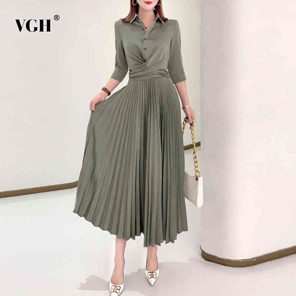 

black elegant dress for women lapel three quarter sleeve high waist midi pleated dresses female spring fashion clothing 210507, Black;gray