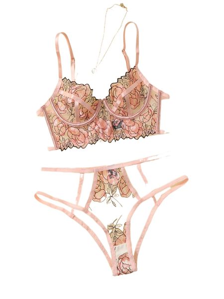 

floral embroidery mesh cut out lingerie set h6ha#, Black;red