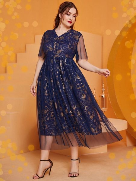 

plus gold floral print mesh dress w9n2#, Black