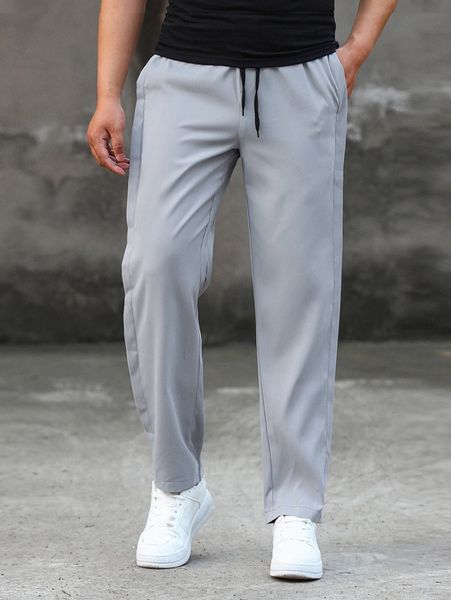 

men drawstring waist straight leg pants 09d8#, Black