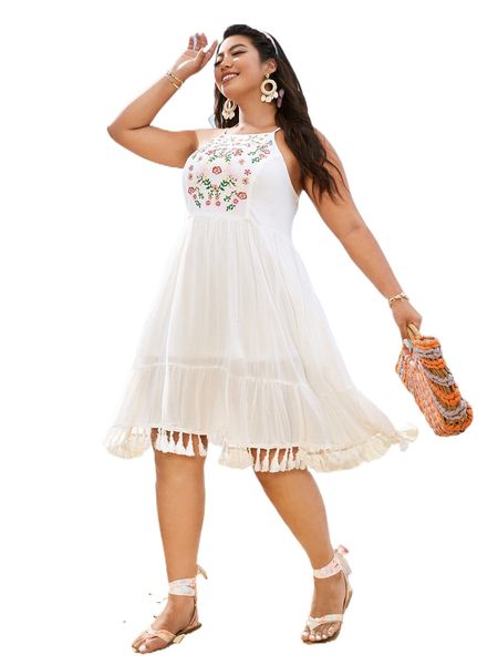 

plus floral print tassel trim cami dress h3aq#, Black