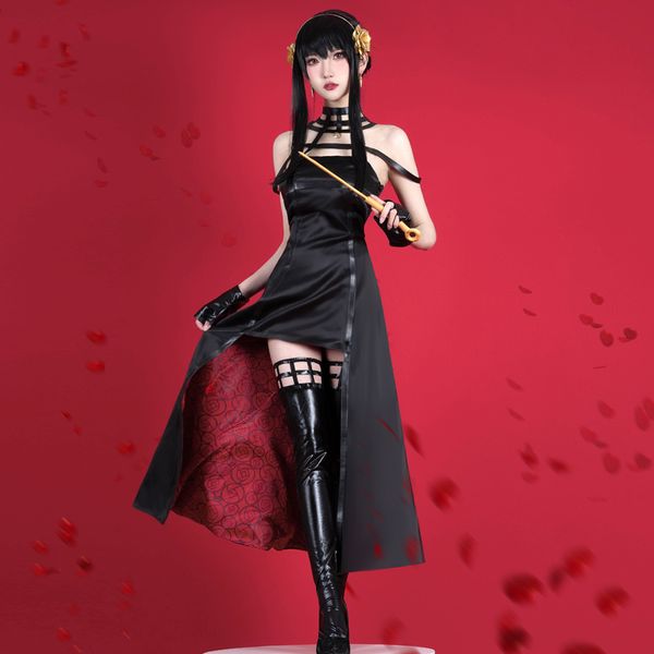 

spy family yor forger dress costume cosplay, Black;red