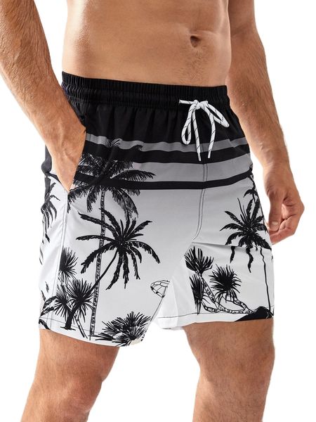 

men palm tree print drawstring waist swim trunks j9u9#, White;black