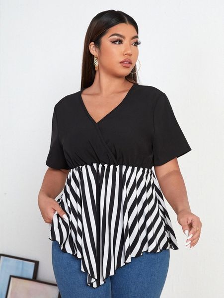 

plus contrast striped asymmetrical hem peplum blouse p29e#, Black