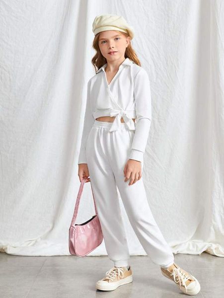 

girls bow front crop pullover & sweatpants she, White