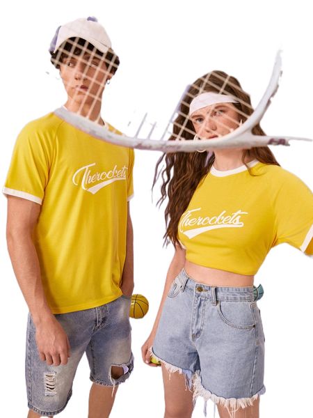 

1pc letter graphic contrast trim raglan sleeve tee e8ve#, White;black