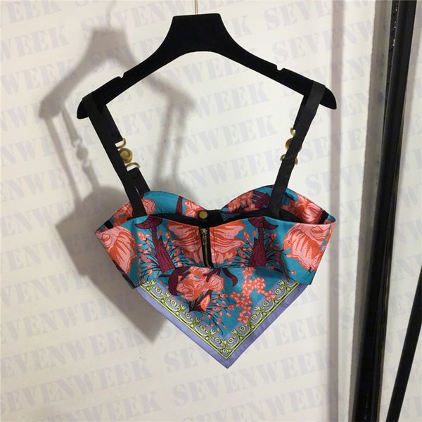 

vintage print sling bustier tanks for women metal shoulder buckle tights summer fashion vest party, White