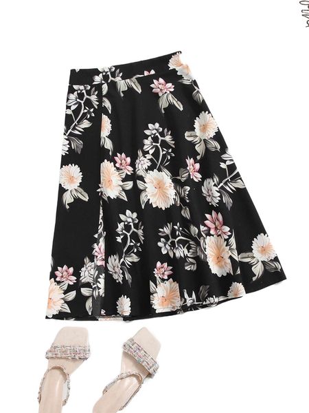 

floral print slit skirt 299m#, Black