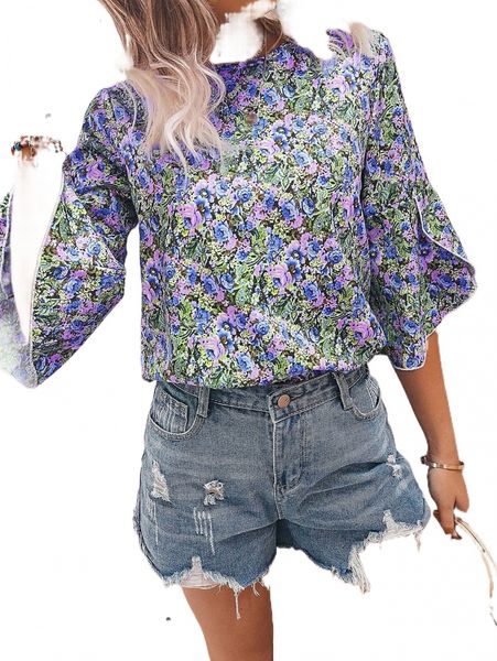

floral & paisley print petal sleeve blouse n2i1#, White