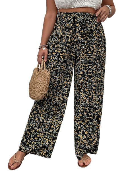 

plus ditsy floral print belted wide leg pants s4zv#, Black