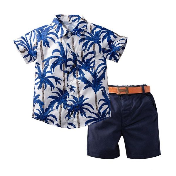 Kleidungssets Baby Kind Jungen Outfits Set Bedruckte Kurzarmbluse Solide Shorts Gürtel Mode hawaiianischer Stil Kleidung 2-6 JahreKleidung