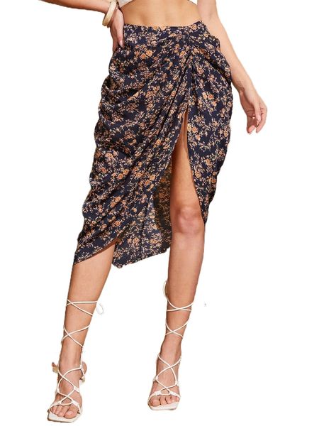 

allover floral print ruched split thigh skirt u6k1#, Black