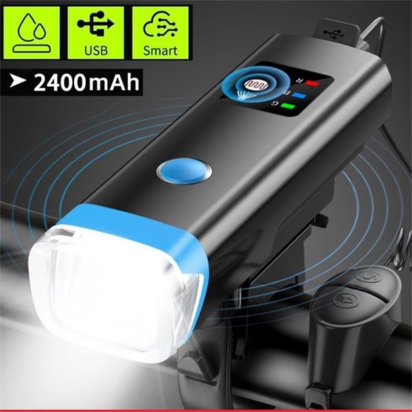 Luci anteriori per bicicletta Spegnimento automatico Set ricaricabile tramite USB super luminoso Supporto a LED Luci per bici Faro impermeabile Torcia Corno 220721