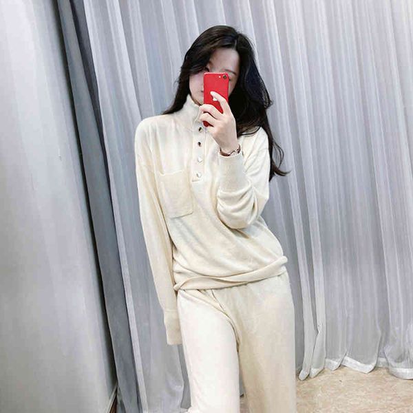 

two piece dress s family autumn and winter women's wear metal buckle stand collar fashion sports leisure lazy wool knitted suit pants n, White