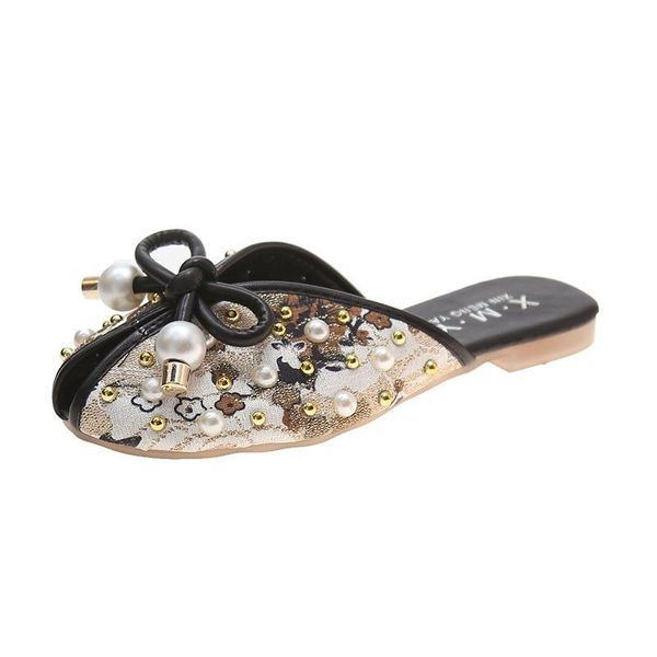 Sommer Dame Hausschuhe Hohe Qualität Outdoor-Mode Schöne Bogen Perle Strass Flache Beiläufige Temperament Sandalen Fabrik Direkt Verkauf