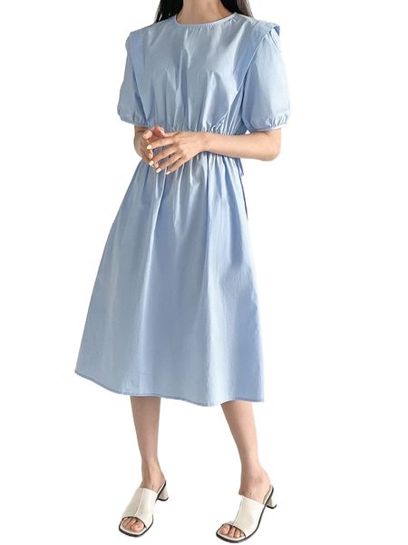 

dazy puff sleeve drawstring waist dress h6pk#, Black;gray