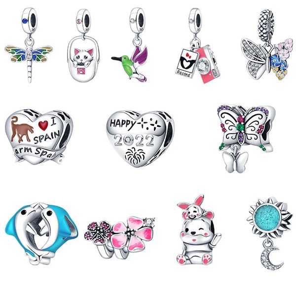 925 Silver Fit Pandora Charm 925 Bracelet Pendants Pink Cat Muon Fly Bird Butterfly Charm