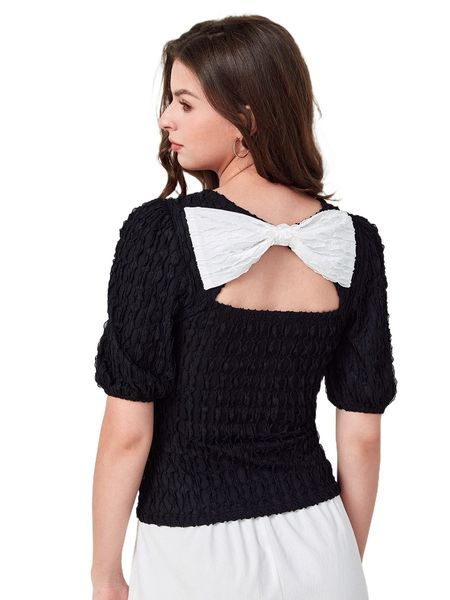 

puff sleeve cut out bow back textured o4gb#, White