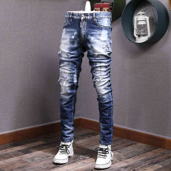 

men's jeans high end speckled hole patch cat must slim down small foot cotton elastic breathable youth cowboy men's fashion pants, Blue