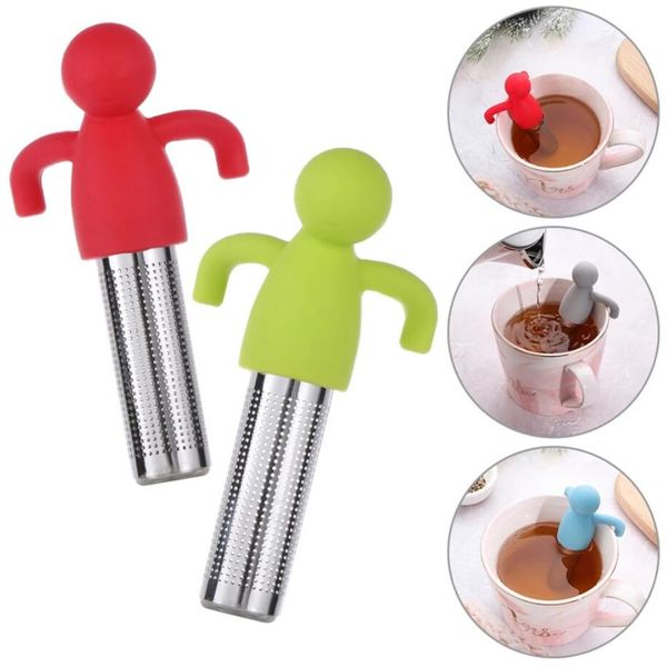 Colino da tè in silicone a forma di omino con filtro infusore per la preparazione di bustine di tè Decorazione tazza di tè Accessori da cucina Strumenti 7 colori