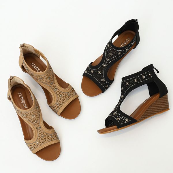 

bohemian ladies sandals summer mid-heeled shoes comfortable slope with women's shoes, Black