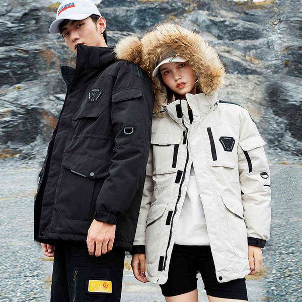 

-30 degree snow cold winter white duck down jacket men korean fashion fur hooded windbreaker thicken warm parka coat couples t220715, Black