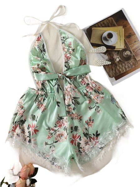 

floral print lace trim satin romper bodysuit g59w#, Black;red