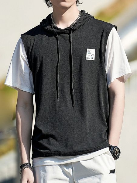 

men colorblock patched drawstring hooded tee 43aj#, White;black