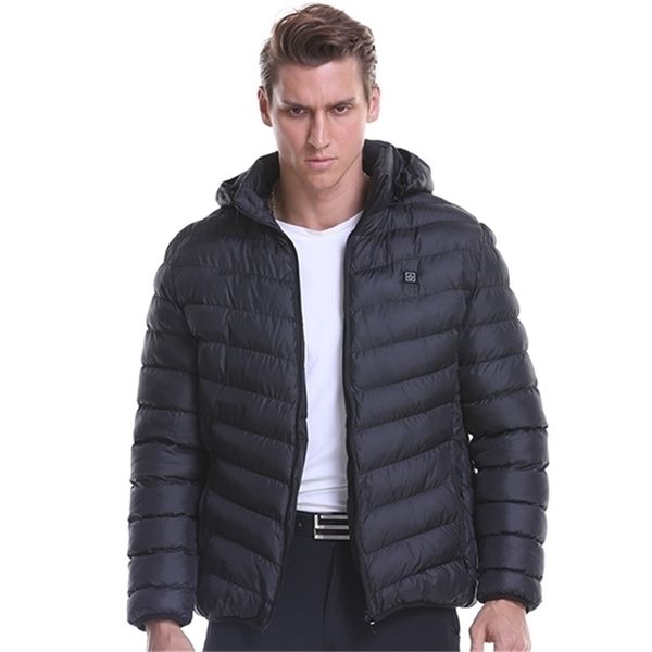 

men winter warm usb heating jackets smart thermostat hooded heated padded jacket clothing waterproof warm jackets 201210, Black