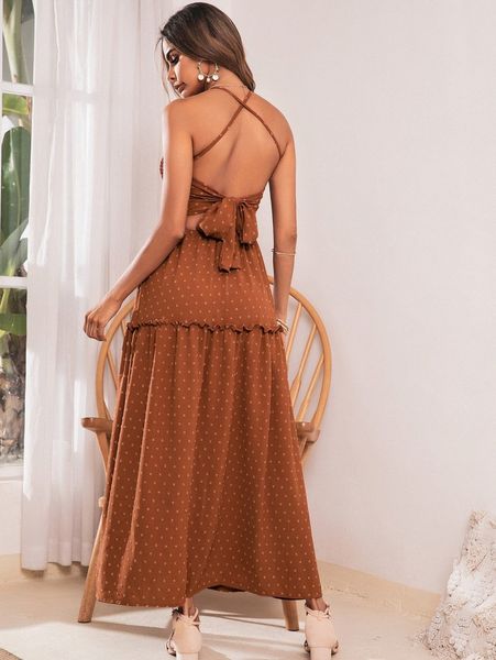 

swiss dot shirred tie backless frill trim cami dress z6pb#, Black;gray