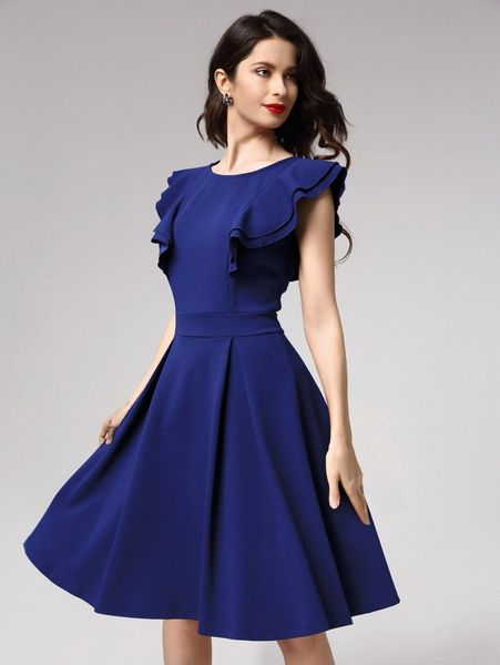 

miusol ruffle trim zip back fold pleat dress o9wm#, Black;gray