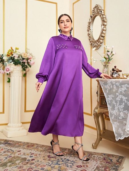 

plus solid pearl beaded lantern sleeve satin dress w1rg#, Black