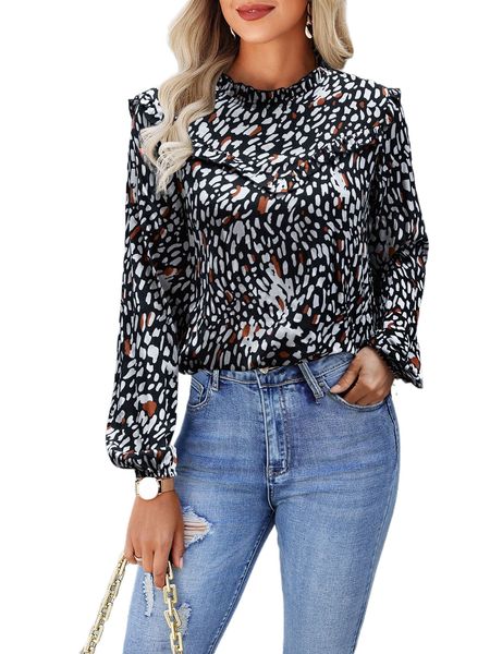 

frill trim all over print blouse j5iw#, White