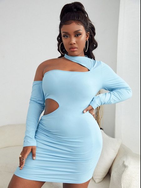 

sxy plus asymmetric neck cut out side bodycon dress k4xz#, Black