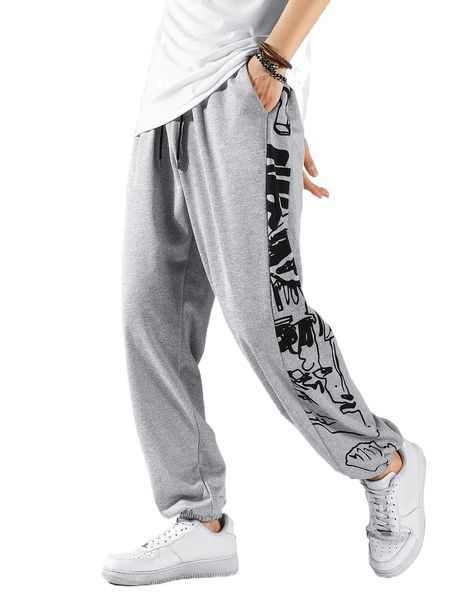 

men graphic drawstring waist sweatpants 90tx#, Black