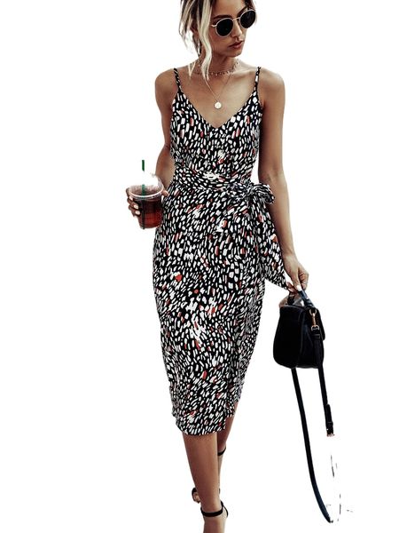 

allover print self tie split thigh cami dress 48v9#, Black;gray