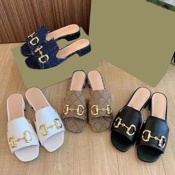 

designer sandals women horsebit sandal retro block heel high heels square toe open toe slippers metal buckle mid-heel pumps box, Black