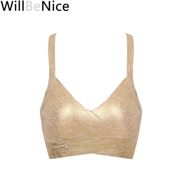 

willbenice gold silver foil print v neck camis short lady crop knitted bandage cross straps bandage club vest 220519, White