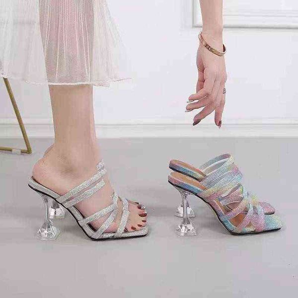 

sandals luxury rhinestones open toe thin heeled sandals women designer cross belt high heels slippers 220316, Black