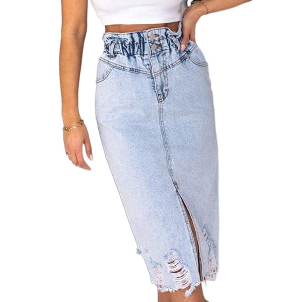 

skirts denim ripped hole split women pencil elastic waist button bodycon female knee-length skirt summer slim casual lady bottom i5im#, Black
