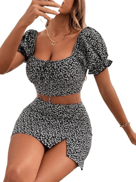 

ditsy floral print puff sleeve knot front crop & split hem skirt m5qd#, White