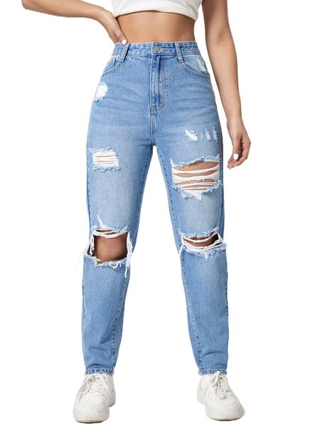 

washed ripped mom jeans n5n1#, Blue