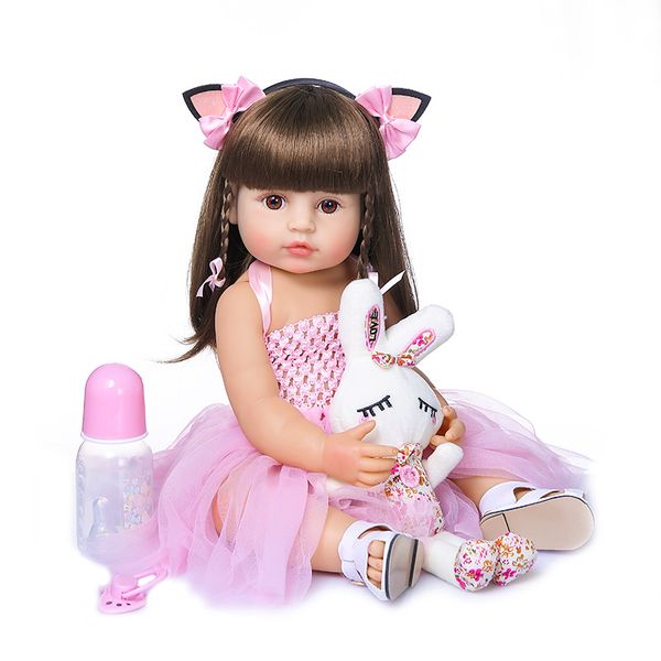 

55cm full body soft silicone reborn toddler girl doll with pink dress fashion gift for child christmas gift