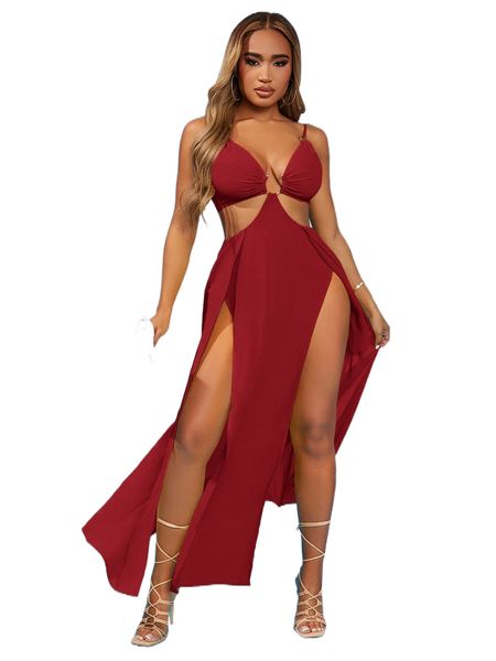 

sxy ruched bust ring cut out split thigh cami dress 3111#, Black;gray