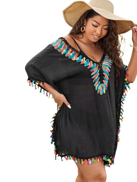 

plus tassel crochet cover up s7bv#, Black