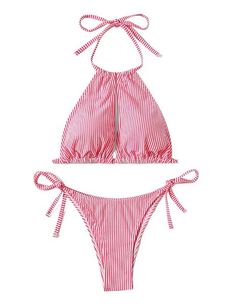 

striped halter tie side bikini swimsuit 63yk#, White;black