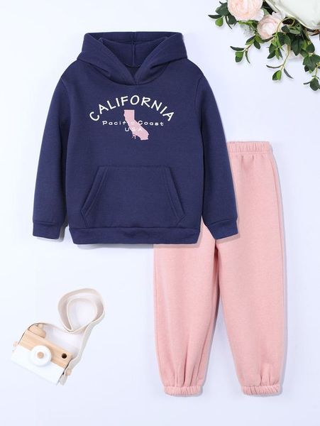 

little girl's letter kangaroo pocket thermal hoodie and panties she, White