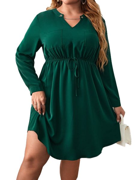 

plus notched neck drawstring waist dress 76sr#, Black